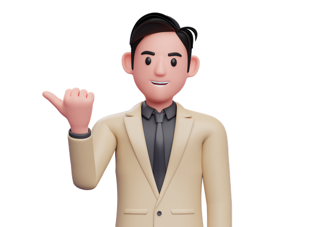 Businessman pointing with thumb aside looking at the camera  3D Illustration