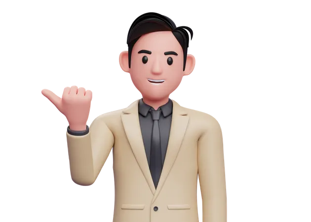 Businessman pointing with thumb aside looking at the camera  3D Illustration