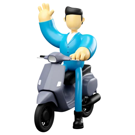 Businessman Riding Grey Scooter Waving Hand  3D Illustration