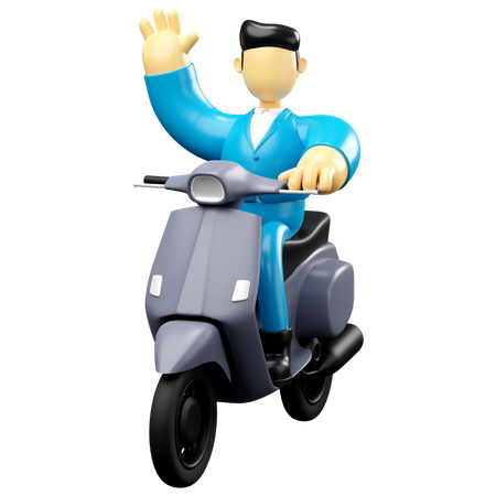 Businessman Riding Grey Scooter Waving Hand  3D Illustration