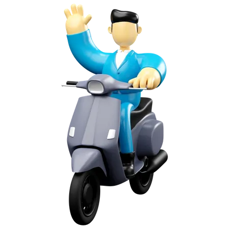 Businessman Riding Grey Scooter Waving Hand  3D Illustration