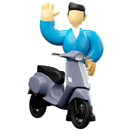 Businessman Riding Grey Scooter Waving Hand  3D Illustration