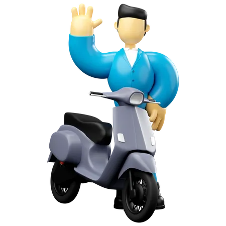 Businessman Riding Grey Scooter Waving Hand  3D Illustration