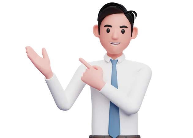 Businessman white shirt pointing and open hand to side up  3D Illustration