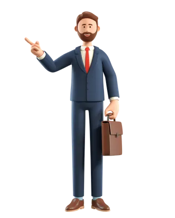 Businessman with briefcase pointing finger  3D Illustration