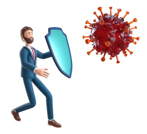 Businessman with knight shield protecting from Coronavirus  3D Illustration