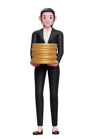 Businesswoman holding pile of coins  3D Illustration