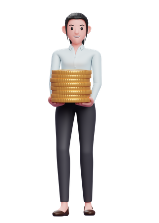 Businesswoman holding pile of coins  3D Illustration