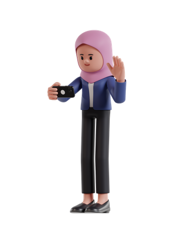 Businesswoman with hijab making a video call with a smartphone  3D Illustration