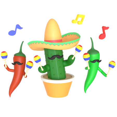 Cacto e pimenta tocando maracas  3D Illustration