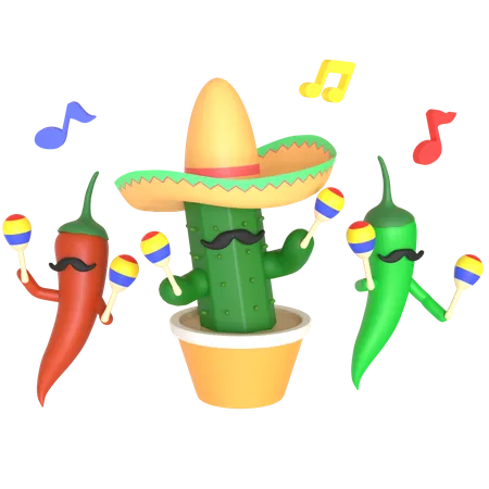 Cacto e pimenta tocando maracas  3D Illustration