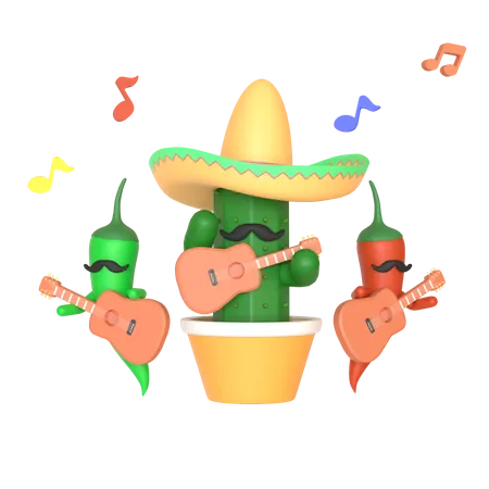 Cacto e pimenta tocando violão  3D Illustration