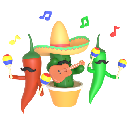 Cacto e pimenta tocando música  3D Illustration