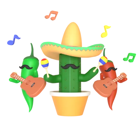 Cacto e pimenta tocando música  3D Illustration