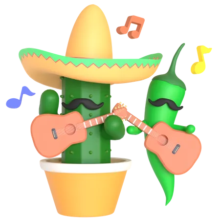 Cacto e pimenta verde tocando violão  3D Illustration