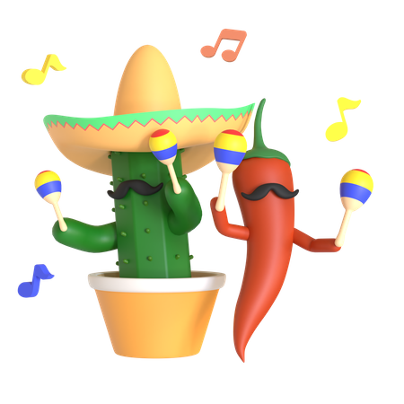 Cacto e pimenta vermelha tocando maracas  3D Illustration