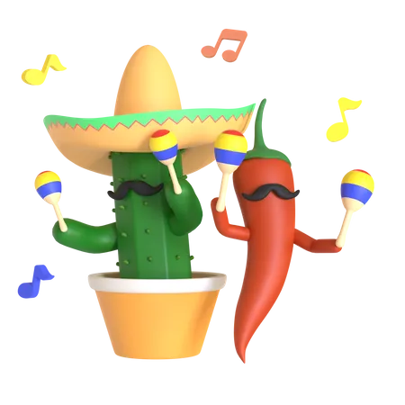 Cacto e pimenta vermelha tocando maracas  3D Illustration