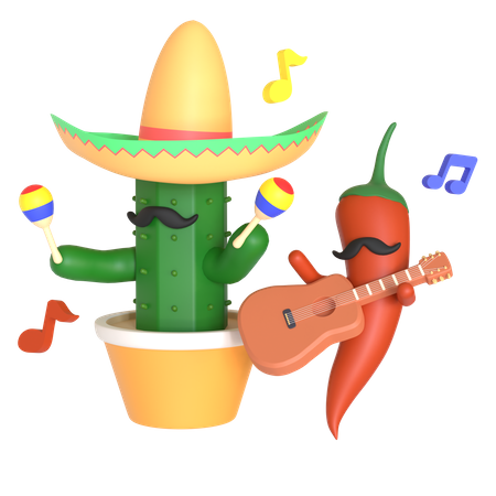 Cacto e pimenta vermelha tocando música  3D Illustration