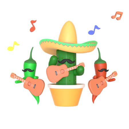 Cactus and chili pepper playing guitar  3D Illustration