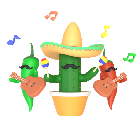 Cactus and chili pepper playing music  3D Illustration