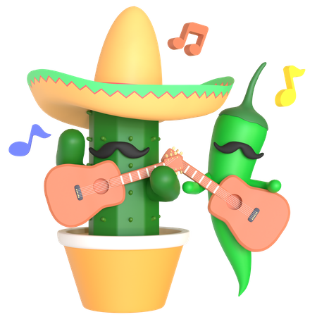 Cactus and green chili pepper playing guitar  3D Illustration