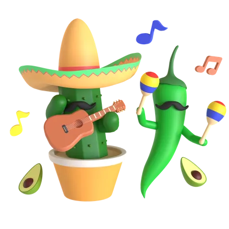 Cactus and green chili pepper playing music  3D Illustration