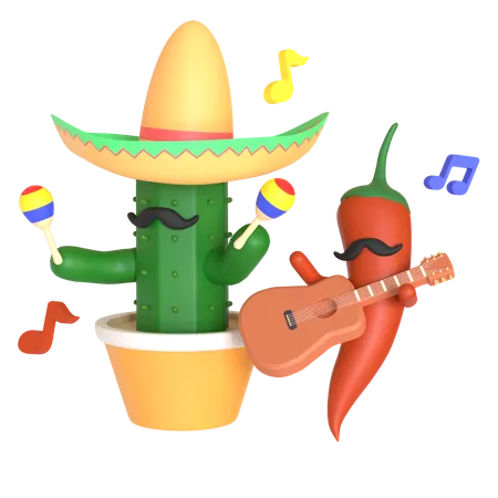 Cactus and red chili pepper playing music  3D Illustration