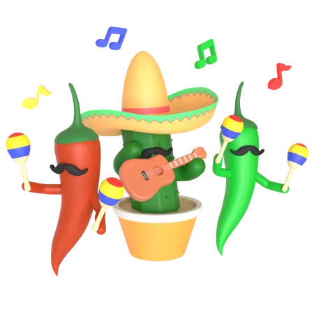 Cactus et piment jouant de la musique  3D Illustration