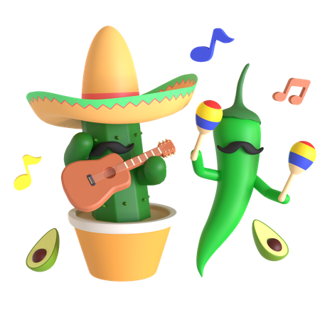 Cactus et piment vert jouant de la musique  3D Illustration