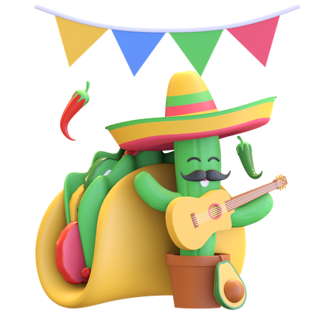 Cactus playing guitar with taco  3D Illustration