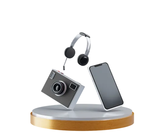 Camera Smartphone and headset  3D Illustration