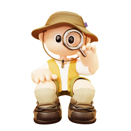 Camper Man Using Magnifying Glass  3D Illustration