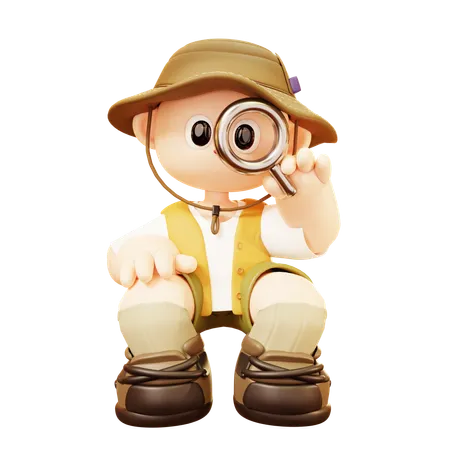 Camper Man Using Magnifying Glass  3D Illustration