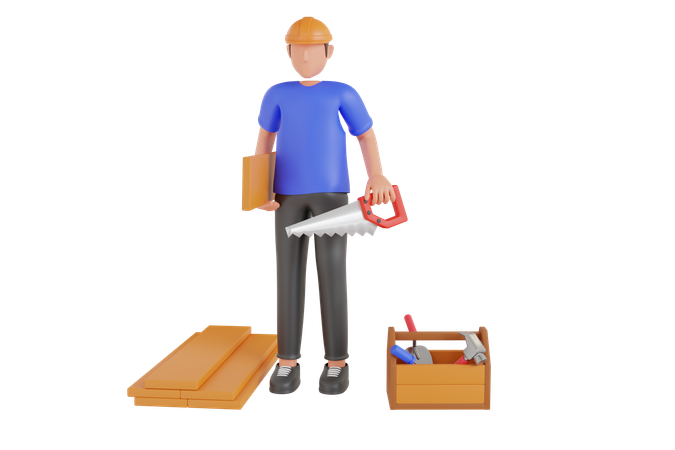 Carpenter Holding Wooden With Handsaw  3D Illustration