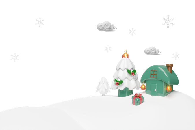 Casa en la colina nevada  3D Illustration