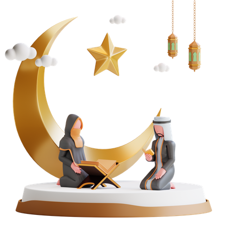 Casal muçulmano reza no Ramadã  3D Illustration