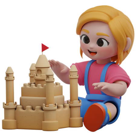 Castillo de arena para construir personajes de niñas  3D Illustration