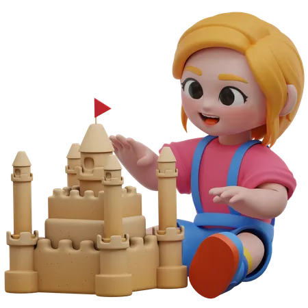 Castillo de arena para construir personajes de niñas  3D Illustration