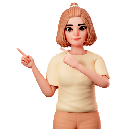 Casual Girl Pointing at Top Left Side using Both Hand  3D Illustration