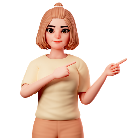 Casual Girl Pointing at Top  Right Side using Both Hand  3D Illustration