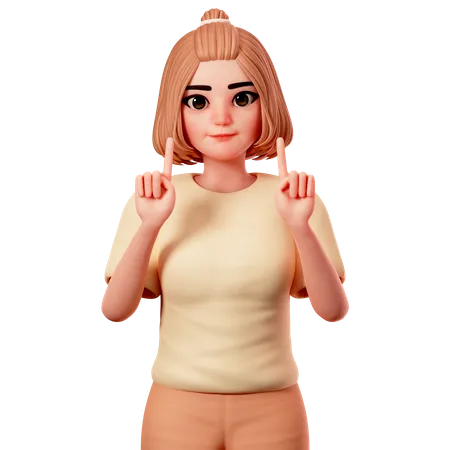 Casual Girl Pointing at Top Side using Both Hand  3D Illustration