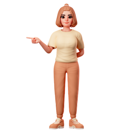 Casual Girl Pointing to Left Side using Left hand  3D Illustration