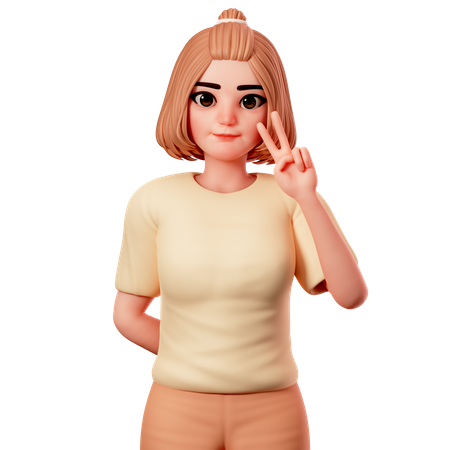 Casual Girl Showing Peace Gesture using Right Hand  3D Illustration