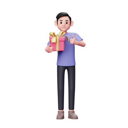 Casual male hugging valentine gift and giving thumbs up  3D Illustration