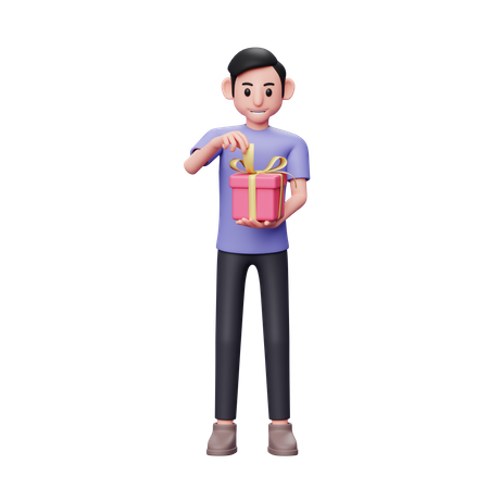 Casual male pulling ribbon opening valentine gift  3D Illustration