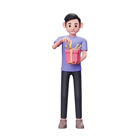 Casual male pulling ribbon opening valentine gift  3D Illustration