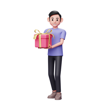 Casual man carrying a pink gift while walking to celebrate valentine's day  3D Illustration