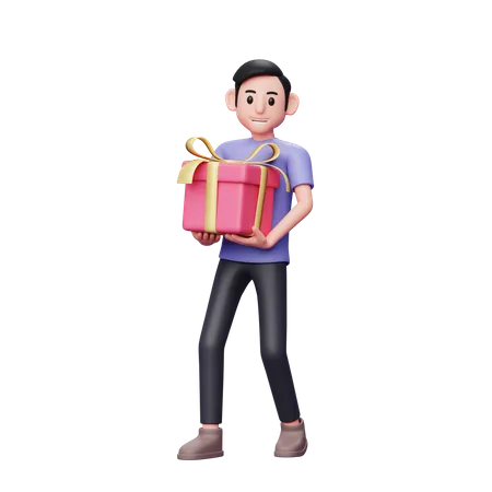 Casual man carrying big valentine gift with both hands  3D Illustration