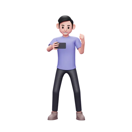 Casual man holding and looking at the phone screen while shouting happy celebrating victory  3D Illustration