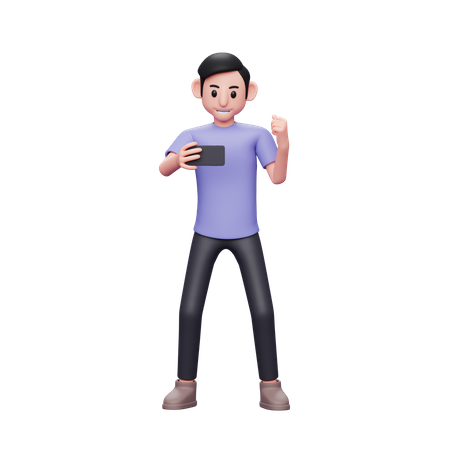 Casual man holding and looking at the phone screen while shouting happy celebrating victory  3D Illustration